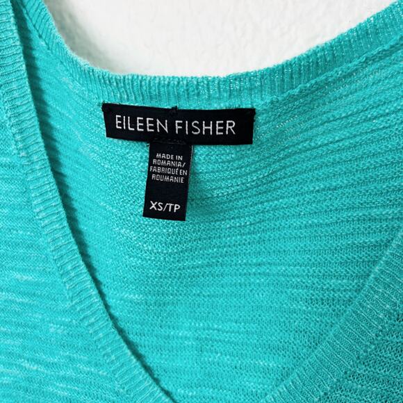 [Eileen Fisher] Turquoise Linen Cotton Blend Long Sleeve V-Neck Sweater Size XS - Picture 9 of 10
